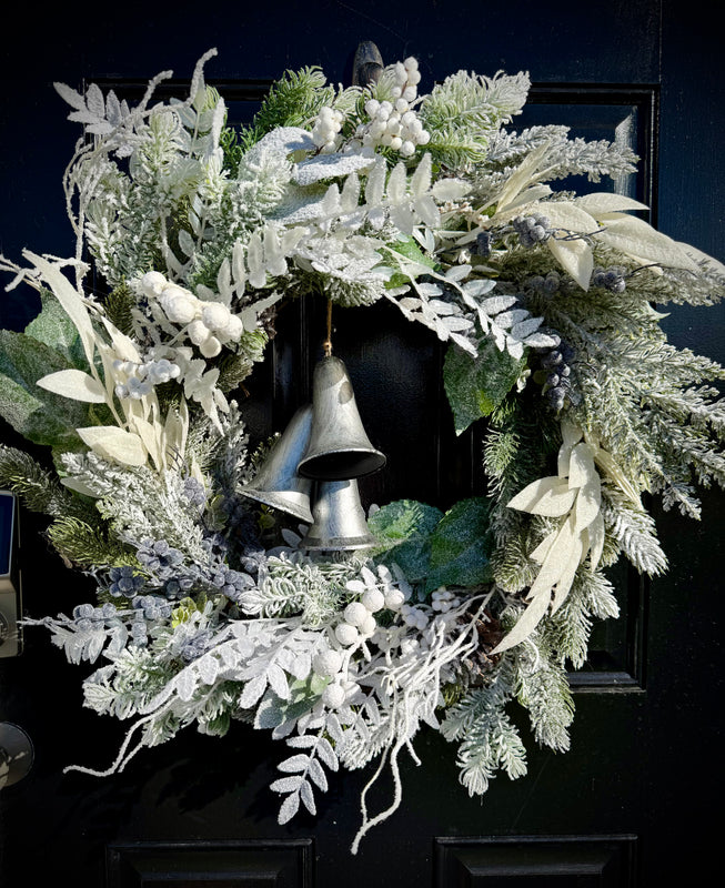 Snowy Winter Wreath with Silver Bells, Flocked Wreath