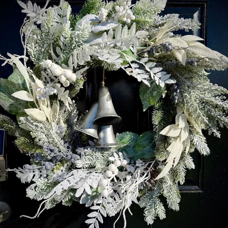 Snowy Winter Wreath with Silver Bells, Flocked Wreath