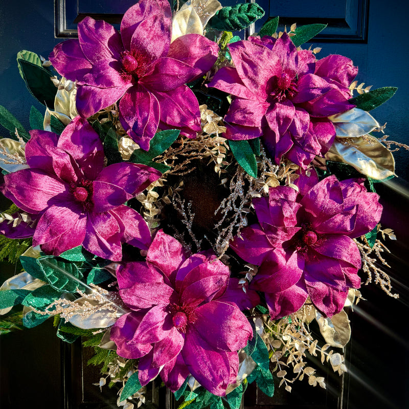 Winter Glam Wreath w Velvet Poinsettias
