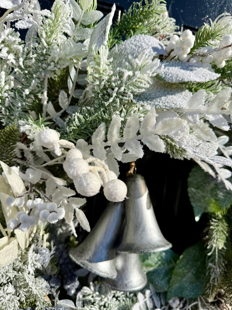 Snowy Winter Wreath with Silver Bells, Flocked Wreath