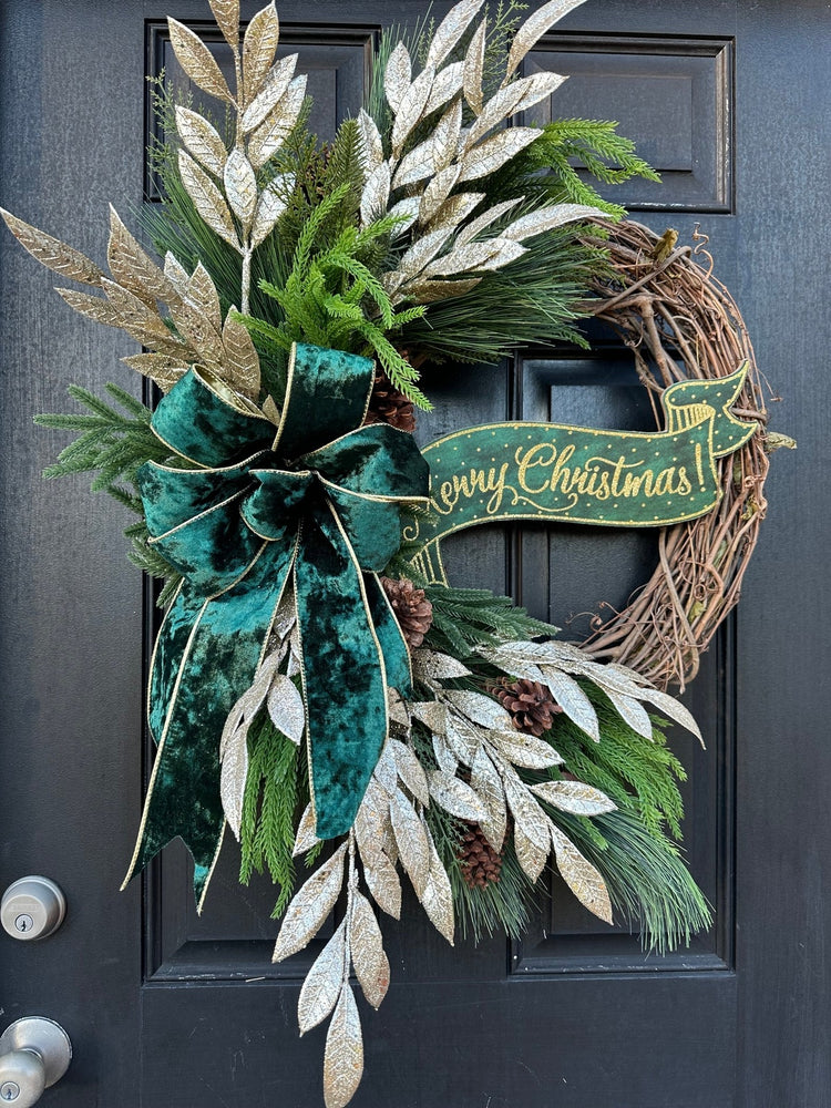 Emerald Velvet Gold Merry Christmas Wreath for Winter