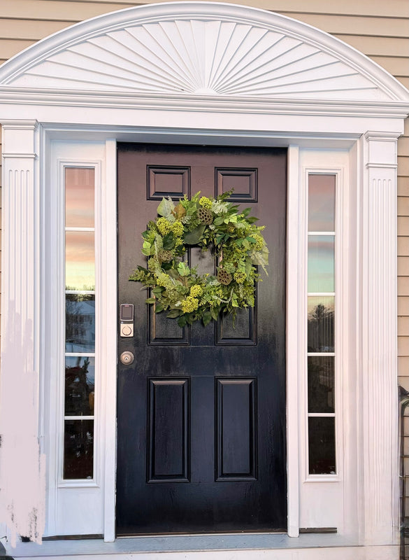 Evergreen Wreath w Moss Covered Lotus Pods for Spring or Year Round use