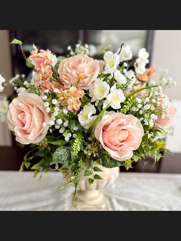 Romantic Blush Rose Faux Floral Centerpiece in Stone Style Base, Real Touch Floral Arrangement