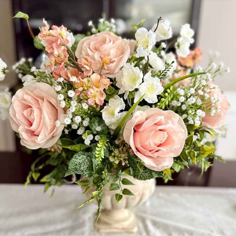 Romantic Blush Rose Faux Floral Centerpiece in Stone Style Base, Real Touch Floral Arrangement