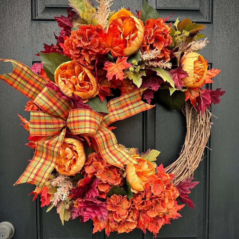 Burnt Orange Peony & Hydrangea Wreath for Fall