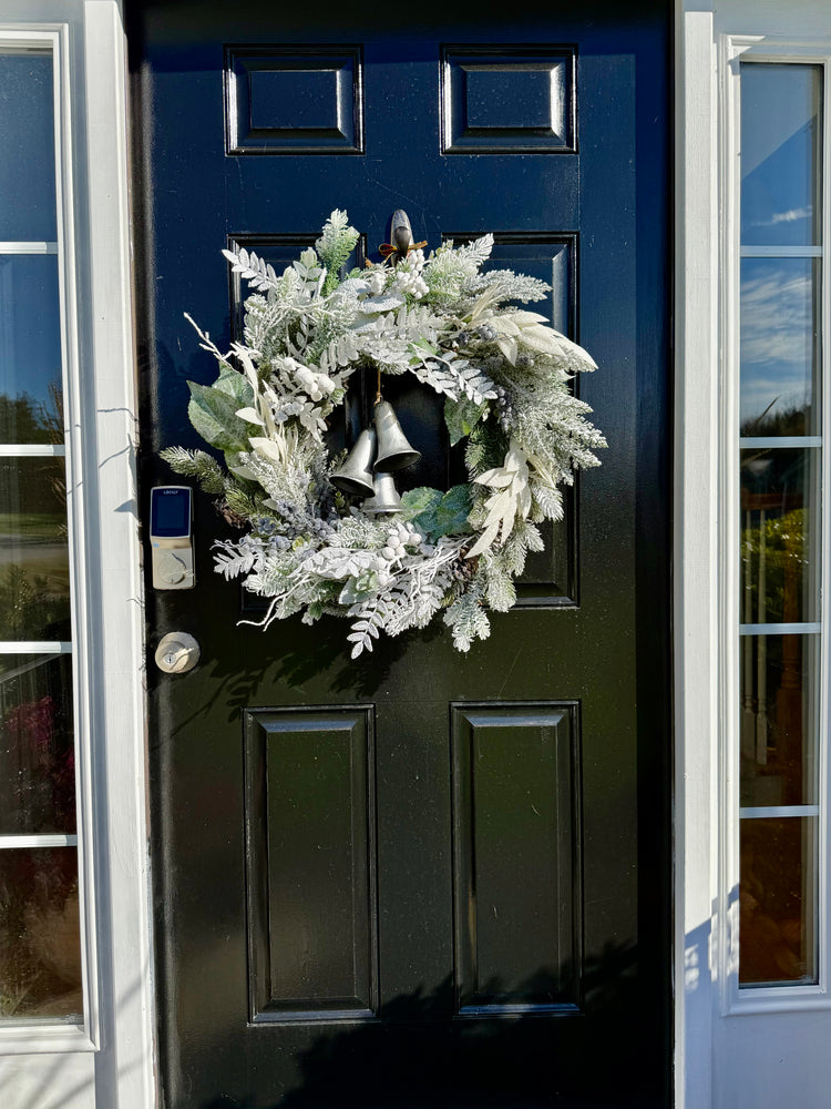 Snowy Winter Wreath with Silver Bells, Flocked Wreath