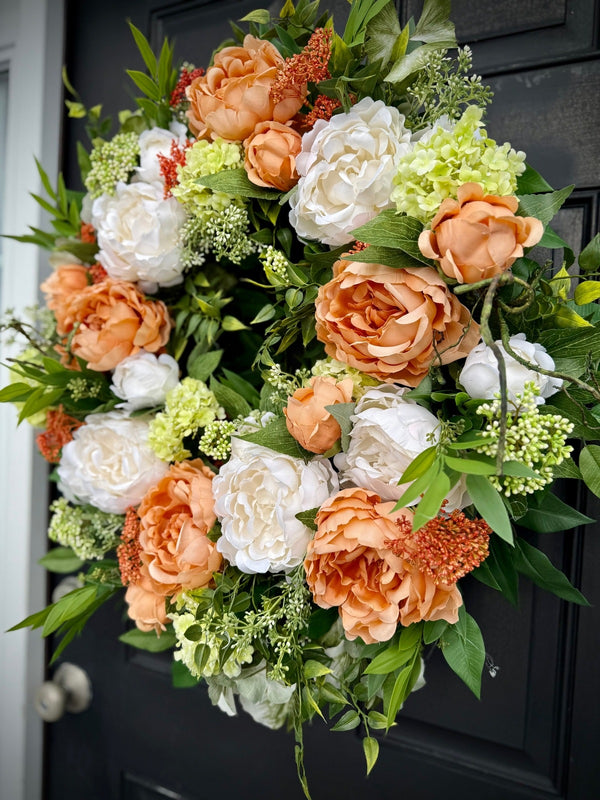 Lush Cream and Pale Orange Peony Wreath for Year Round, Spring Decor