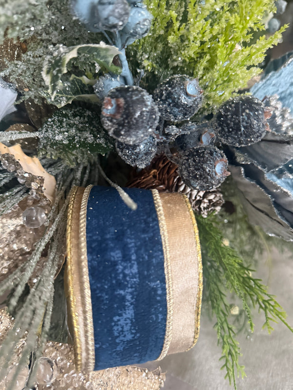 French Blue Velvet Pointsettia Centerpiece, Floral Arrangement