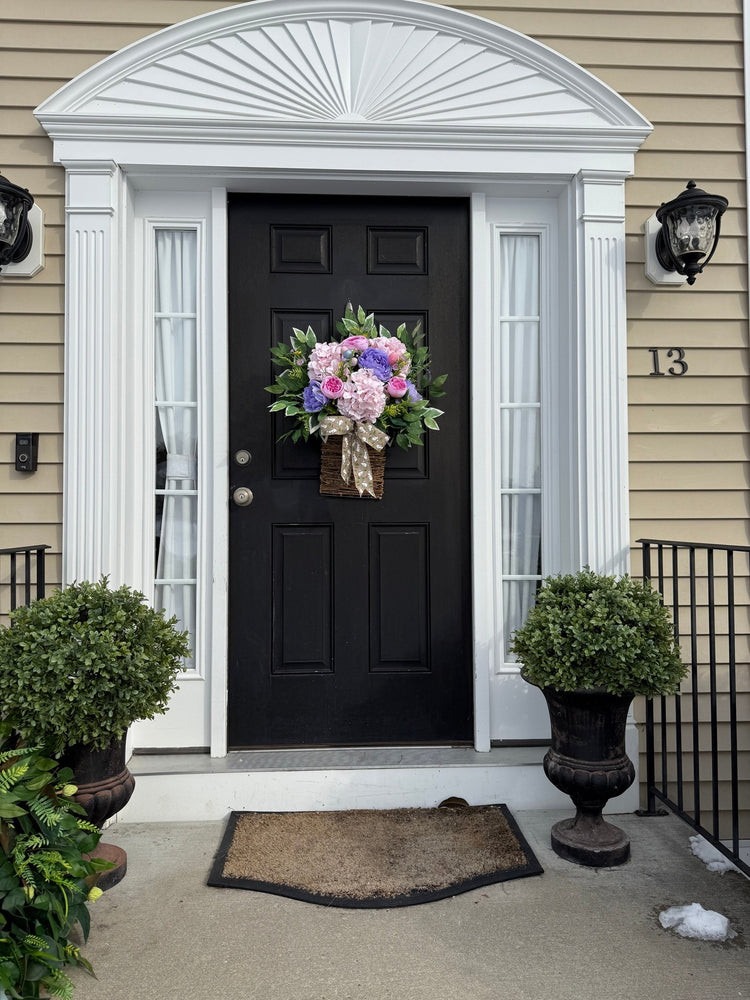 Hanging Floral Basket for Easter w Bunny Print Bow