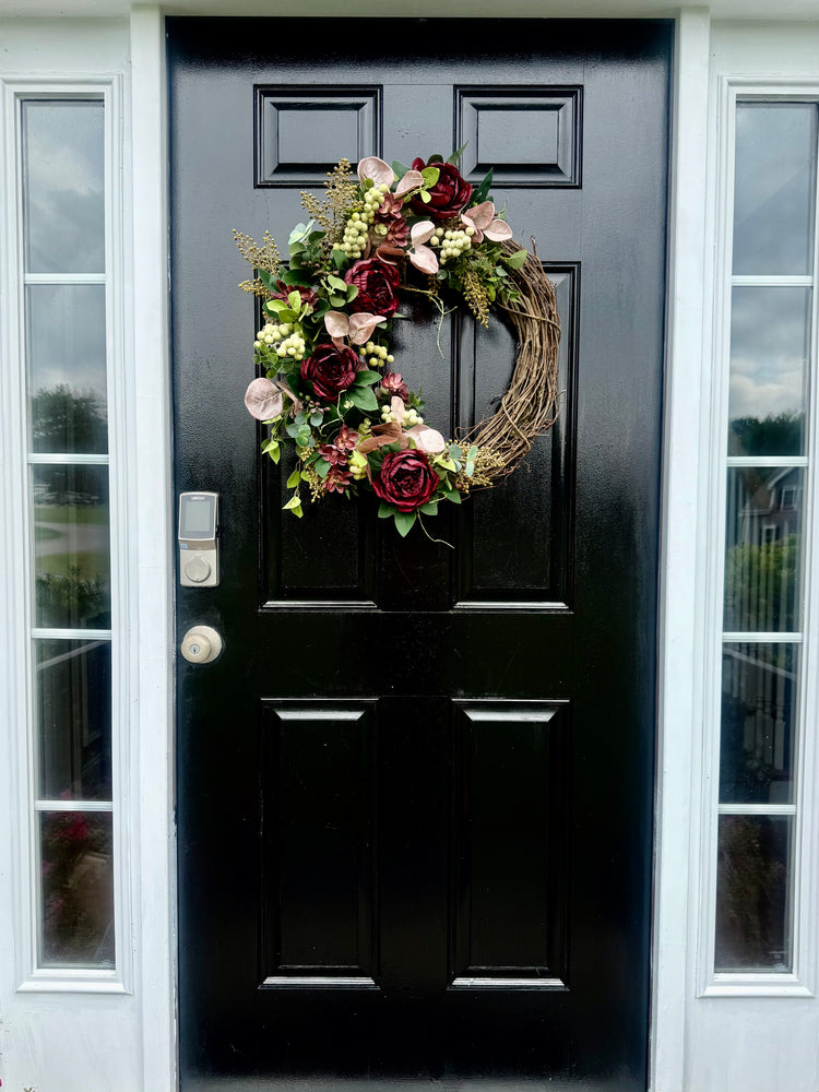 Burgundy Peony  and Eucalyptus Wreath for Spring and Fall