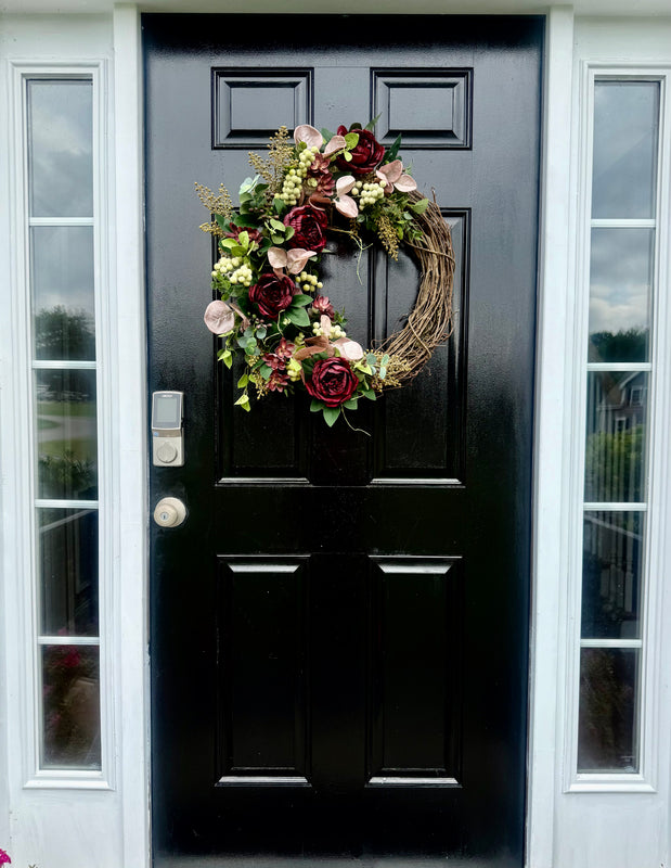 Burgundy Peony  and Eucalyptus Wreath for Spring and Fall