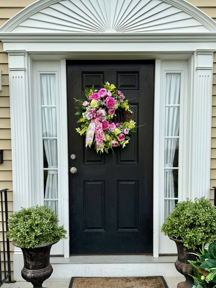 Bright Pink Peony and Hydrangea Wreath with Floral Bow