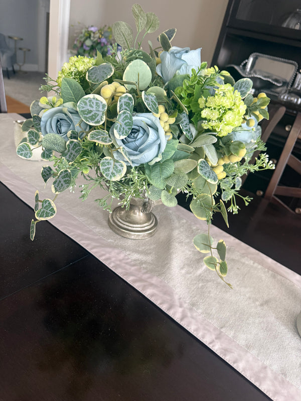 Luxury blue rose and green hydrangea arrangement for spring