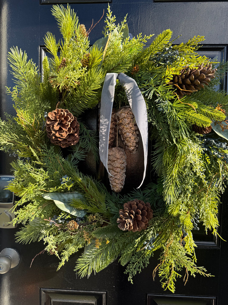 Rustic Pine and Magnolia Wreath with Frosted Pine Cones for winter