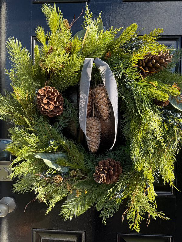 Rustic Pine and Magnolia Wreath with Frosted Pine Cones for winter