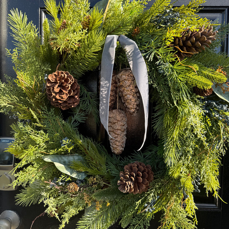 Rustic Pine and Magnolia Wreath with Frosted Pine Cones for winter