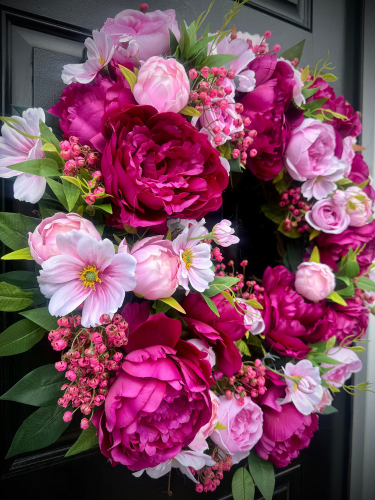 Fuchia Pink Hydrangeas & Peonies Cottagecore Wreath for Spring and Summer
