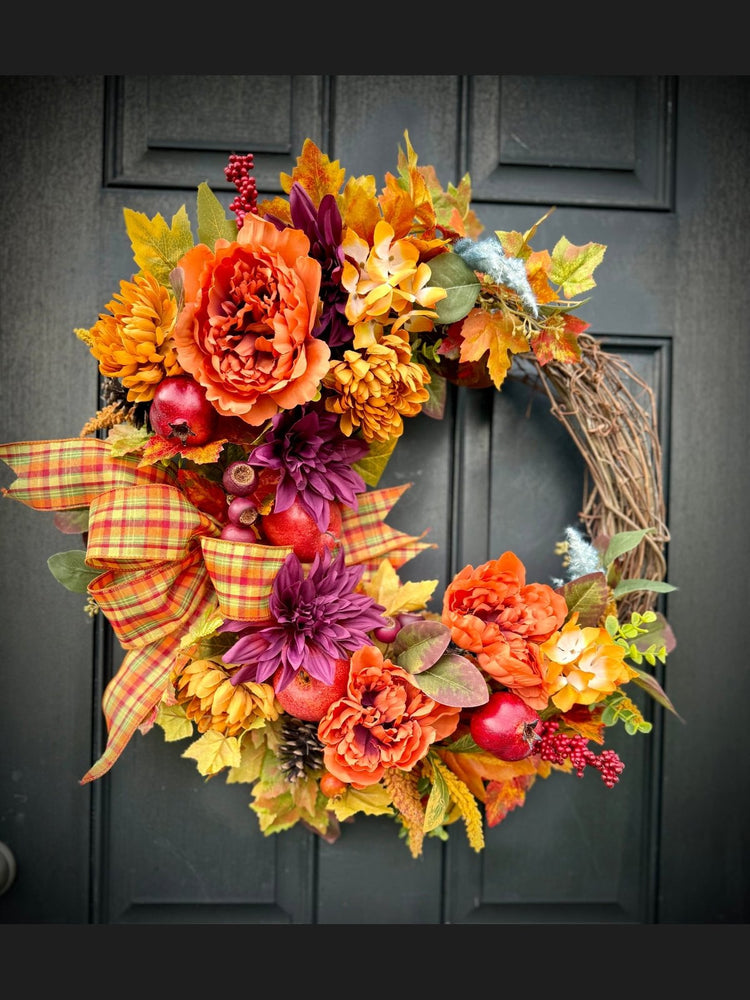 Fall Harvest Wreath with Plaid Bow & Faux Fruits