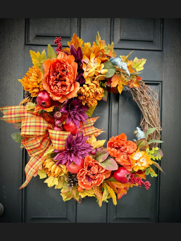 Fall Harvest Wreath with Plaid Bow & Faux Fruits
