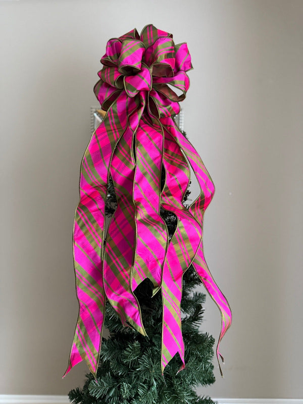Luxe Magenta & Green Duponi Tree Topper Bow for Winter