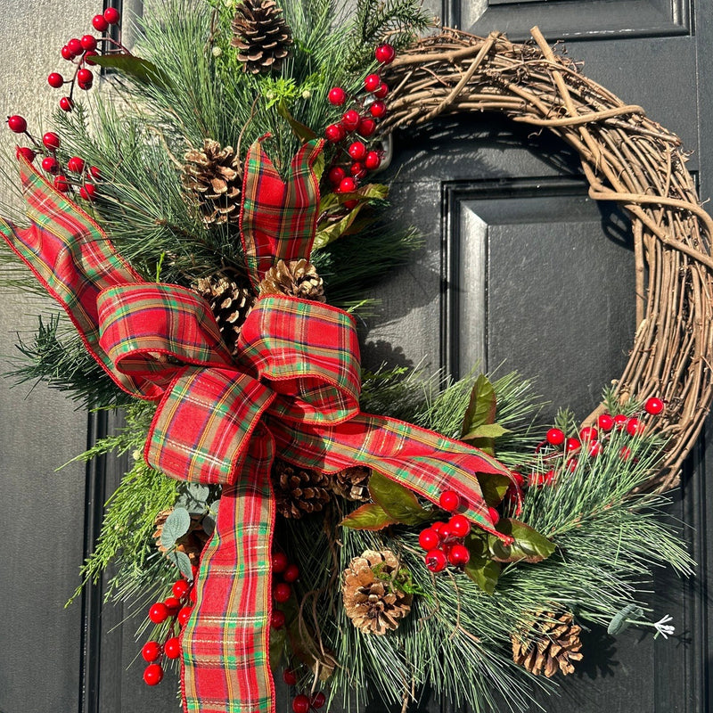 Traditional Winter Wreath w Plaid Bow