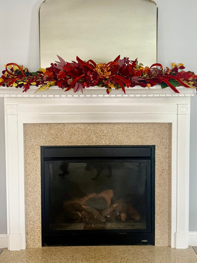 Fall Mantle or Table Scape – Autumn Harvest Garland with Velvet Pumpkins and Peonies