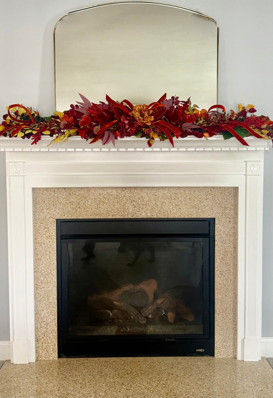 Fall Mantle or Table Scape – Autumn Harvest Garland with Velvet Pumpkins and Peonies