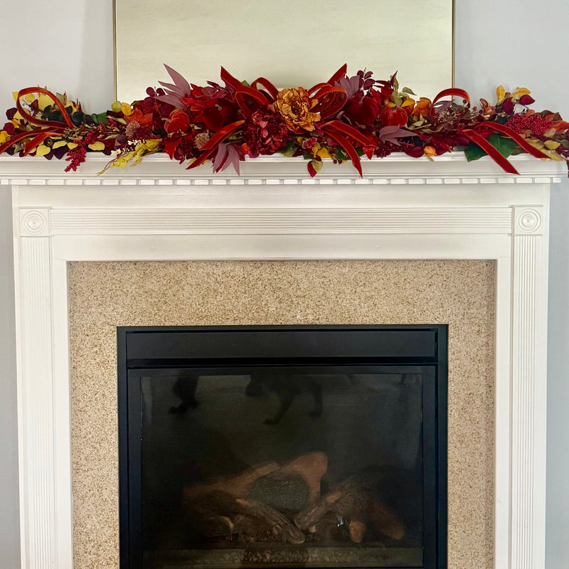 Fall Mantle or Table Scape – Autumn Harvest Garland with Velvet Pumpkins and Peonies