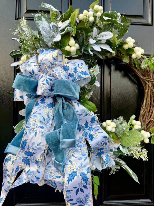 Frosted Winter Wreath w Blue and Cream Bow