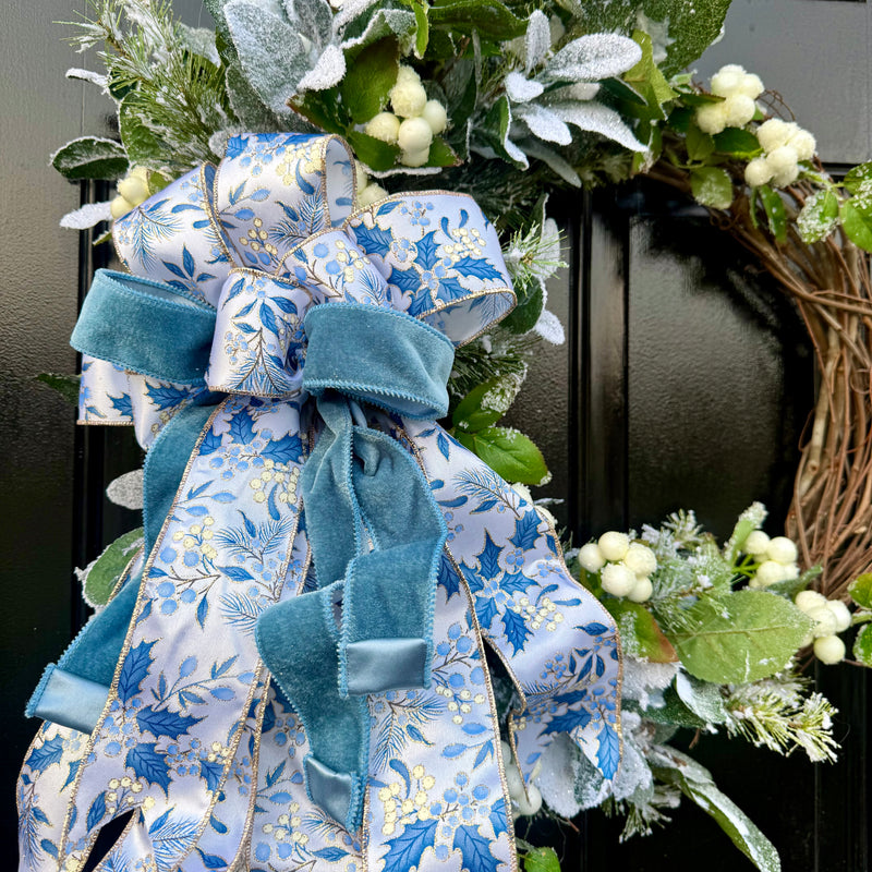 Frosted Winter Wreath w Blue and Cream Bow