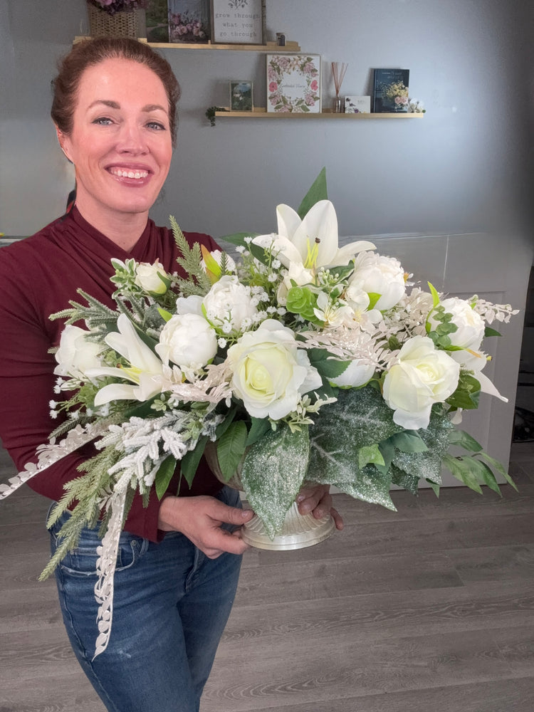Winter Wedding Centerpiece w Pearl Accents, Elegant All White Winter Floral Arrangement