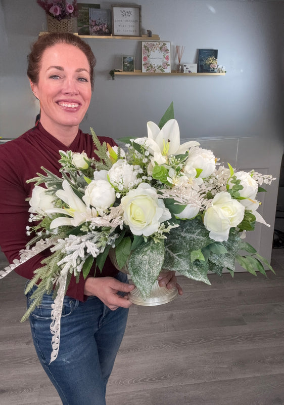 Winter Wedding Centerpiece w Pearl Accents, Elegant All White Winter Floral Arrangement