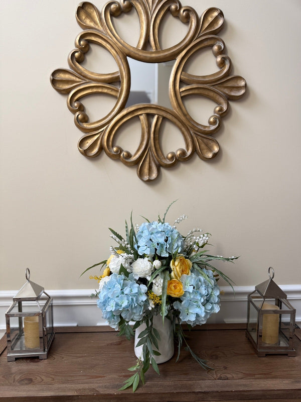 Real Touch Blue Hydrangea Floral Arrangement w Ranunculus and Lily of the Valley