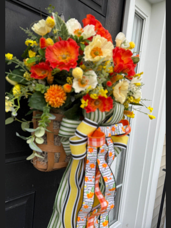 Vibrant Hanging Poppy Flower Tobacco Basket w Large Bow for Summer & Spring