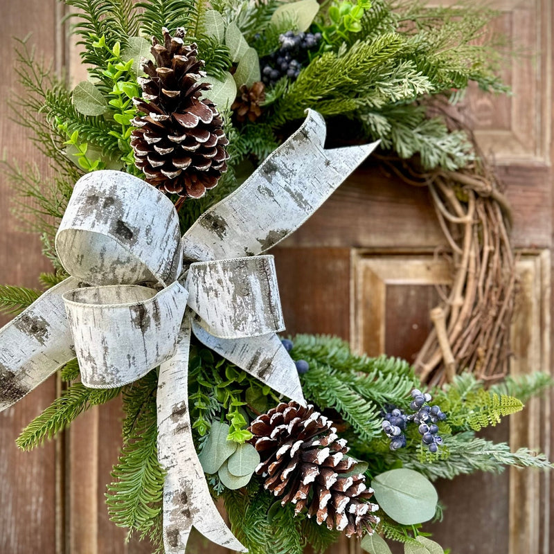 Winter Evergreen Wreath w Birch Bow