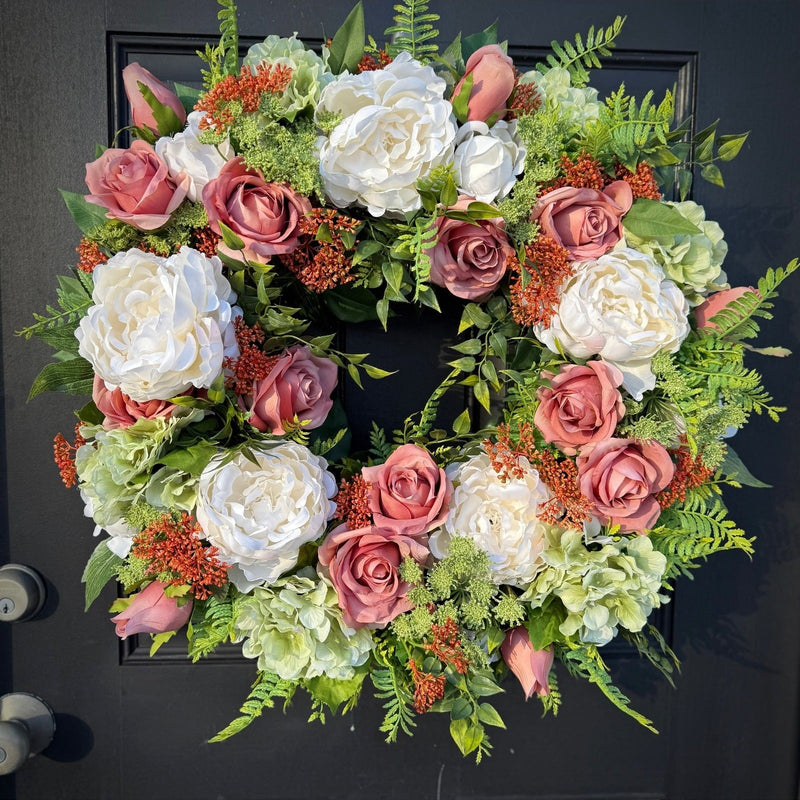 Cottagecore Cream & Coral Hydrangea Spring Wreath, Year Round Decor