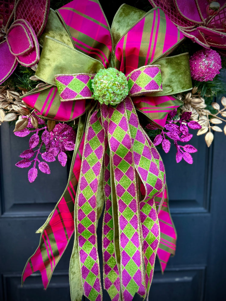 Luxe Hot Pink & Gold Christmas Wreath – Winter Holiday Front Door Decor w Velvet Poinsettias and Ribbon Bow