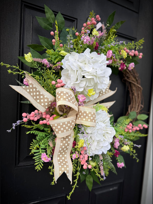 Hydrangeas & Polka Dots Wreath for Spring