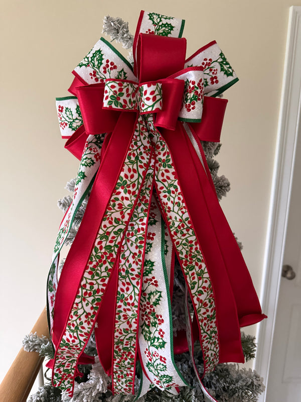 Classic Red and Green Holly Christmas Tree Topper Bow
