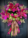 Luxe Hot Pink & Gold Christmas Wreath – Winter Holiday Front Door Decor w Velvet Poinsettias and Ribbon Bow