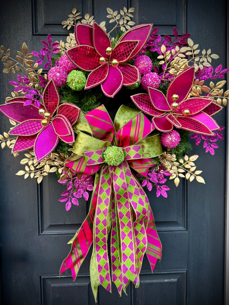 Luxe Hot Pink & Gold Christmas Wreath – Winter Holiday Front Door Decor w Velvet Poinsettias and Ribbon Bow