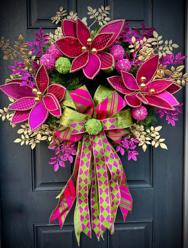 Luxe Hot Pink & Gold Christmas Wreath – Winter Holiday Front Door Decor w Velvet Poinsettias and Ribbon Bow
