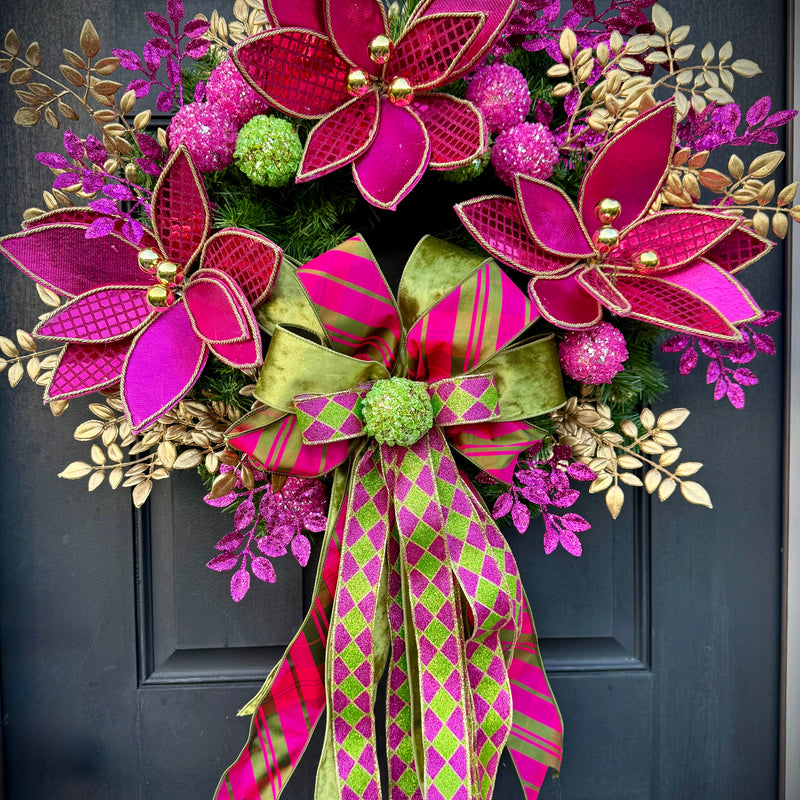 Luxe Hot Pink & Gold Christmas Wreath – Winter Holiday Front Door Decor w Velvet Poinsettias and Ribbon Bow