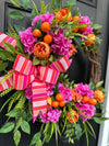 Orange and Pink Crescent Hydrangea and Peony Wreath for Summer