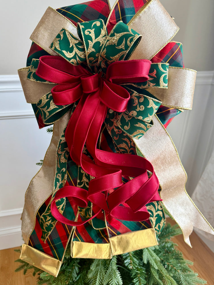 Classic Red & Green Plaid Layered Christmas Tree Topper Bow
