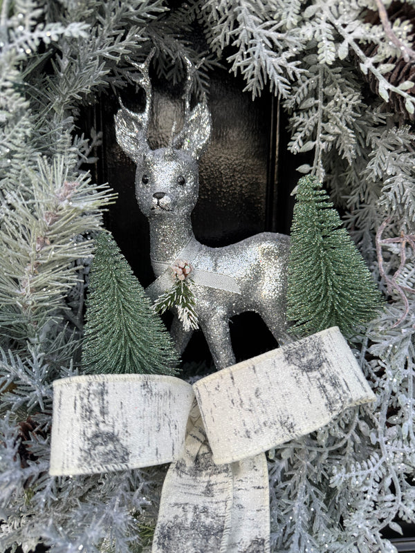Vintage Winter Wonderland Wreath with Glitter Deer – Flocked Woodland Wreath