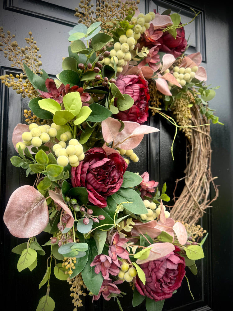 Burgundy Peony  and Eucalyptus Wreath for Spring and Fall