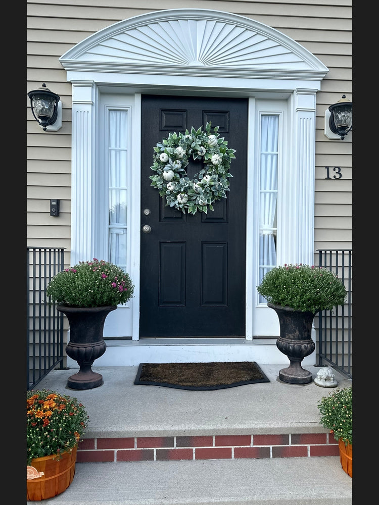 White Pumpkin and Lambs Ear Wreath for Fall