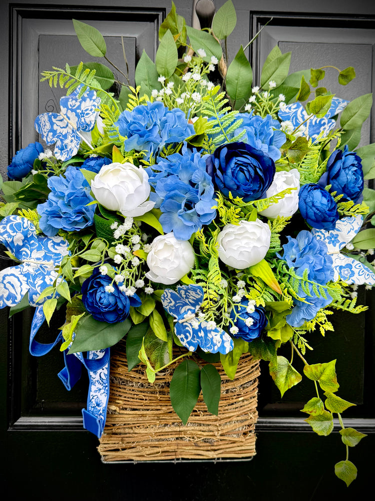 Chinoiserie Hydrangea & Peony w Butterflies Basket for Spring and Summer