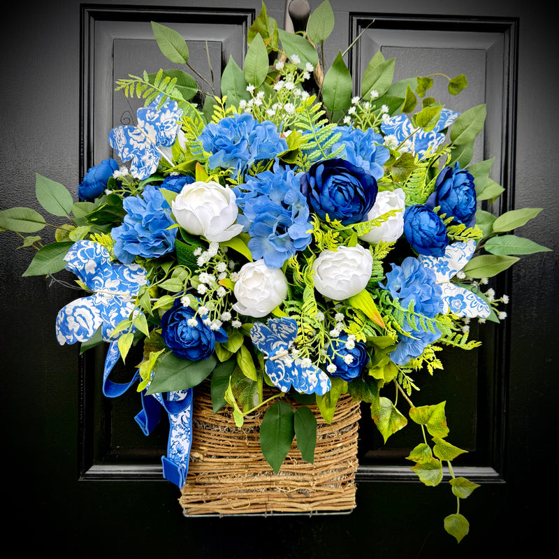 Chinoiserie Hydrangea & Peony w Butterflies Basket for Spring and Summer